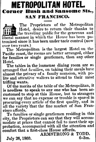 Ad for the Metropolitan Hotel in the Visalia Weekly Delta of 18 August 1860. Source: California Digital Newspaper Collection .