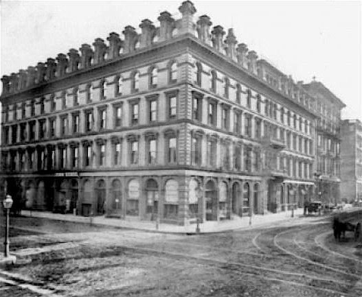 The Cosmopolitan Hotel, at the southwest corner of Sansome and Bush Streets, San Francisco, in 1866. The hotel opened in 1864 on the site of the original Rassette House, which burned down in 1853, and the second Rassette House (later the Metropolitan Hotel), which closed and was demolished in 1863. Source: James Smith, San Francisco's Lost Landmarks (Craven Street Books, 2005). 