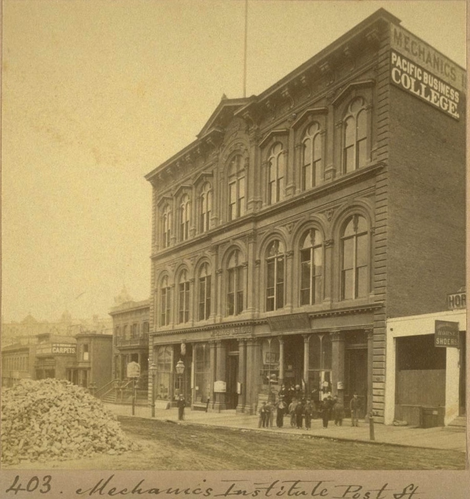Photograph, by Eadweard Muybridge (1830-1904), of the Mechanics' Institute's building at 31 Post Street (1866-1906). Emperor Norton — who frequented the Institute "daily," according to the Morning Call newspaper — wrote many of his Proclamations in this building. Source: "Lone Mountain College Collection of Stereographs by Eadweard Muybridge, 1867-1880," Bancroft Library, University of California, Berkeley.