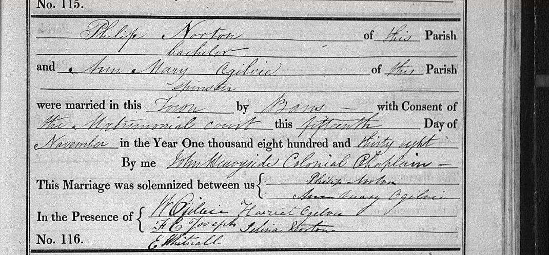 1838 marriage record of Philip Norton and Anne Mary Ogilvie. Philip (b.1820) was the younger brother of Emperor Norton (b.1818) — and is the great great great grandfather of Julie Driver, the Campaign's special Happy Hour guest at Comstock Saloon, San Francisco, on 29 April. Source: 1820Settlers.com .