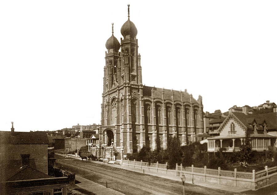 Detail of 1866 photograph of the newly completed second synagogue building of Congregation Emanu-El, located on Sutter Street between Powell and Stockton in San Francisco. Emperor Norton attended services here every Saturday. After the interior of the building was destroyed by fire following the earthquake of 1906, the structure was rebuilt and continued to be used by the Congregation until the present third synagogue building was dedicated in 1926. Original photo: California Views Photo Archives.