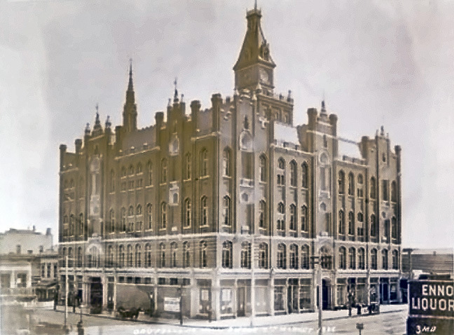 The Odd Fellows Temple in 1886, shortly after its completion in 1884. The Temple, at 7th and Market Streets in San Francisco, housed the library that received David Hutchinson's 1880 donation of two Emperor Norton artifacts: an original written proclamation and the Emperor's seal stamp. The building was destroyed in the earthquake and fire of 1906. | Photograph: Collection of the Bancroft Library, University of California at Berkeley. Via Mark Ellinger, Up from the Deep . 