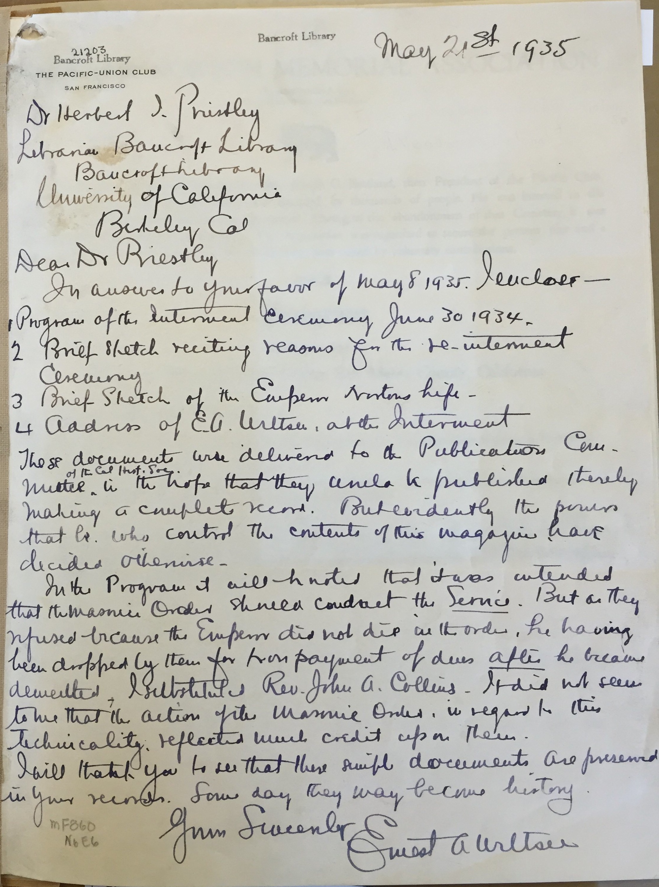 Letter from Ernest Wiltsee, president of the Emperor Norton Memorial Association, to Herbert Priestley, Librarian of the Bancroft Library at the University of California, Berkeley, 21 May 1935. Included in the Ernest A. Wiltsee Papers at the Bancroft Library. Photo by Joseph Amster. Published by permission of the Bancroft Library.