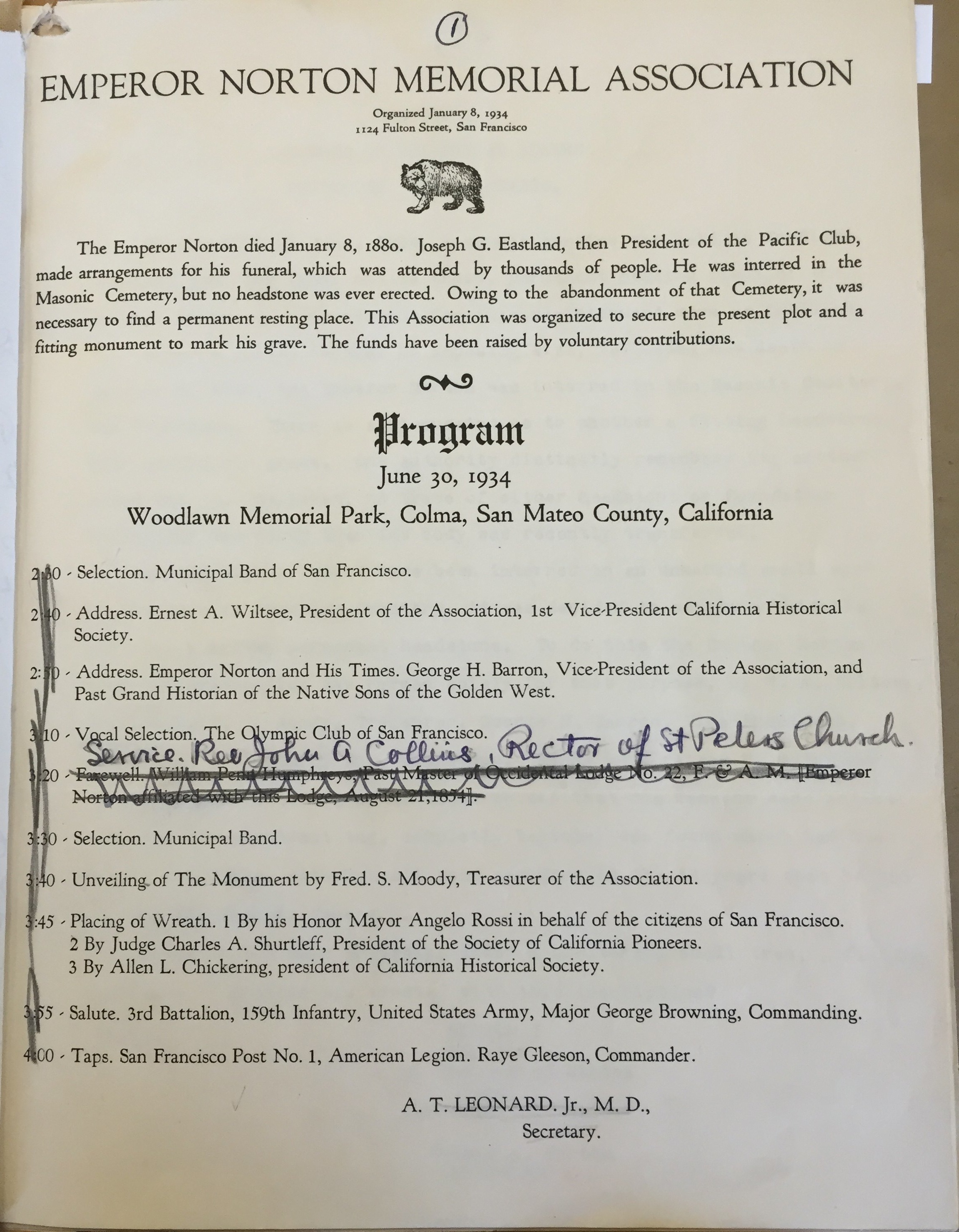 Ernest Wiltsee's program from the Emperor Norton reburial ceremony at Woodlawn Memorial Park, Colma, Calif., on 30 June 1934. Included in the Ernest A. Wiltsee Papers of the Bancroft Library at the University of California, Berkeley. Photo by Joseph Amster. Published by permission of the Bancroft Library.