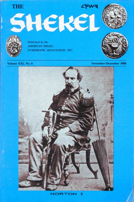 Cover of the November-December 1988 edition of The Shekel , the bi-monthly journal of the American Israel Numismatic Association. Source: American IsraeI Numismatic Association . 
