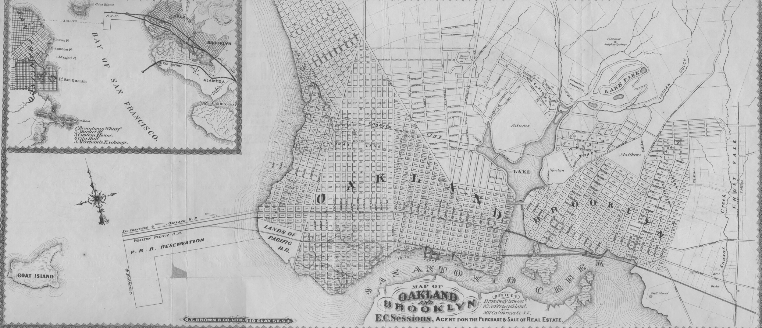 Map of Oakland and Brooklyn, E.C. Sessions, Agent for the Purchase and Sale of Real Estate, c. 1869. Collection of the Bancroft Library at the University of California, Berkeley. Source: Oakland Wiki via Calisphere .