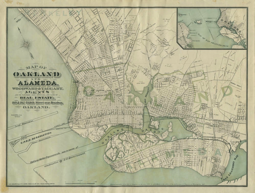 Map of Oakland and Alameda, Woodward and Taggart, Agents for the Purchase, Sale, Appraisal and Care of Real Estate, 1877. Collection of the Oakland Public Library History Room. Source: Calisphere ( large view ).