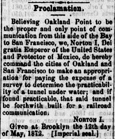 Proclamation of Emperor Norton published in the Pacific Appeal newspaper on 15 June 1872. Source: California Digital Newspaper Collection .