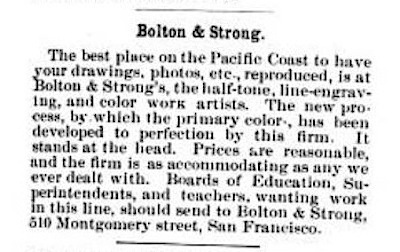 Advertisement for Bolton & Strong's in Western Journal of Education , volume 2, number 1, June 1896. Source: Google Books .