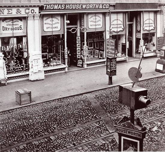 The storefront of Thomas Houseworth & Co., at 12 Montgomery Street in San Francisco, c.1873-74. Source: Society of California Pioneers .