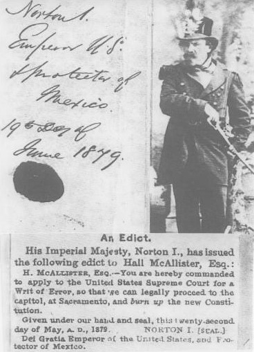 This unsourced and uncredited photomontage illustrates "Norton I, Emperor of the United States," an essay included in Blumenstand , a collection of "nonscientific essays" self-published by Frank Luger in 2007. Source: Google Books .