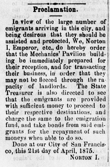 Proclamation of Emperor Norton in the Pacific Appeal newspaper, 24 April 1875. Source: California Digital Newspaper Collection .