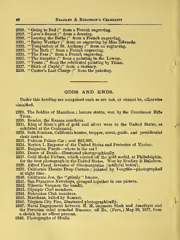 "Odds and Ends" section of Bradley & Rulofson's Celebrity Catalogue , 1878, p.46. Collection of the California State Library. Source: Internet Archive .