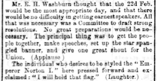 Detail from article, "Preliminary Union Meeting," Daily Alta California , 21 February 1861, front page. Source: California Digital Newspaper Collection .