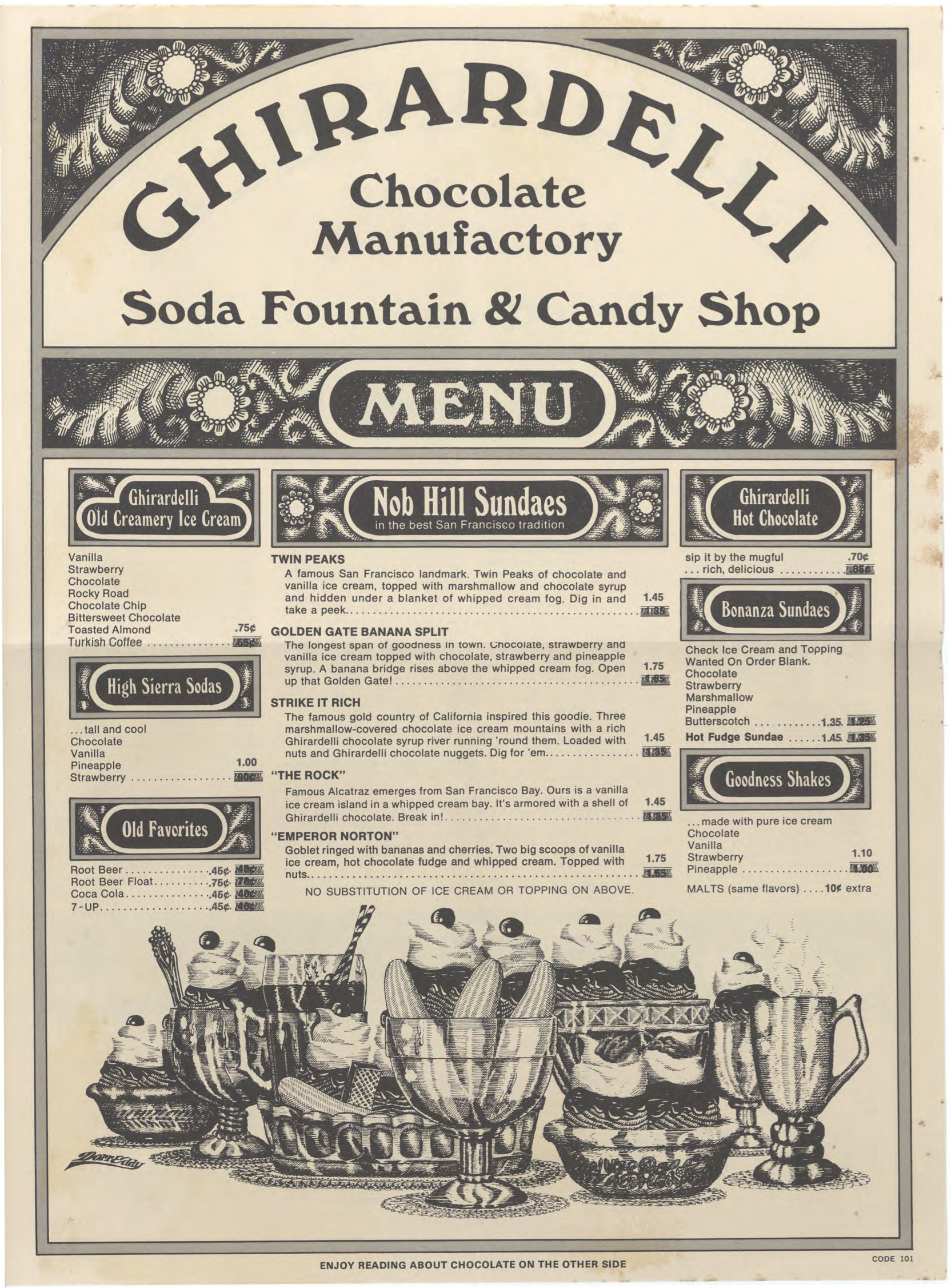 From Ghirardelli menu, mid 1970s. Source: Rusty Thomas Menu Collection, University of Hawaii . © Ghirardelli