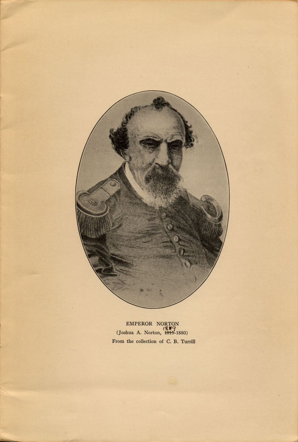   Cropped "cameo" single-color version of 1880 color painting by George Frederick Keller (1846–1927).  This image appeared as an illustration for Robert Ernest Cowan's essay, "Norton I: Emperor of the United States and Protector of Mexico," in  Calif