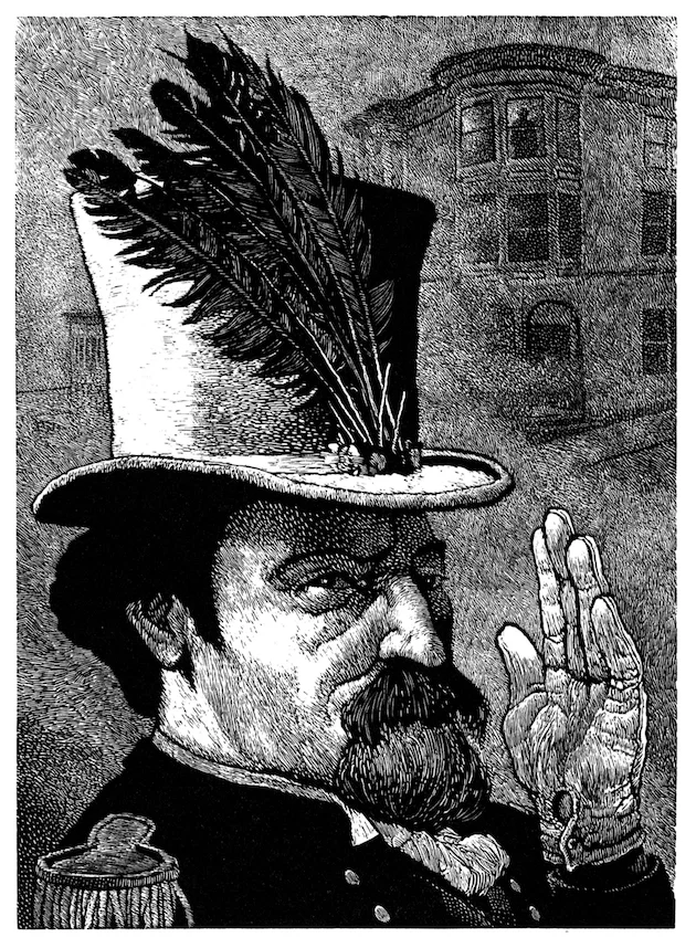 "Emperor Norton I" (2005), wood engraving by Jim Westergard (b. 1939). Included in Oddballs (2011), a collection of Westergard's portrait engravings originally published in a limited edition of 30 by Heavenly Monkey studio. © 2005 Jim Westergard. Source: Jim Westergard .