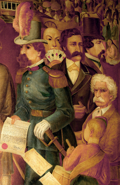   Detail from mural, 1935, by Antonio Sotomayor (1904–1985).  Located in the Happy Valley Room of the Palace Hotel, San Francisco, the mural depicts Emperor Norton, Mark Twain, Bret Harte and other San Francisco notables of that period. See descripti