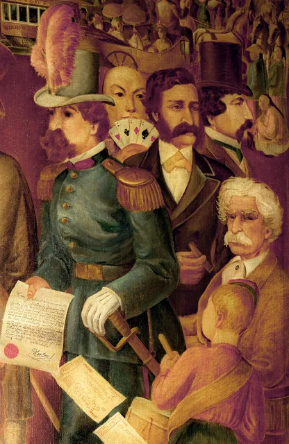 Detail from mural, c. 1930s, by Antonio Sotomayor (1904-1985). Located in the Happy Valley Room of the Palace Hotel, San Francisco, the mural depicts Emperor Norton, Mark Twain, Bret Harte and other San Francisco notables of that period. Photograph © 2011 Scott Cox .