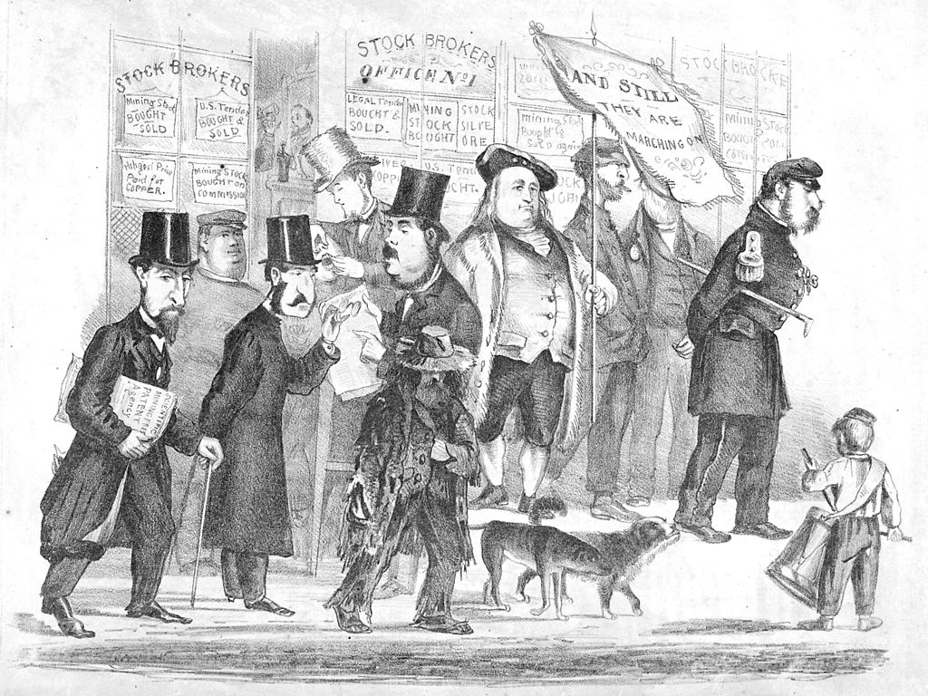   Montgomery Street scene featuring Emperor Norton; Bummer and Lazarus; and George Washington II (later titled “Stock Brokers; And Still They Are Marching On”), 1863 (possibly between February and October 1863), by Edward Jump (1832–1883).  Collectio