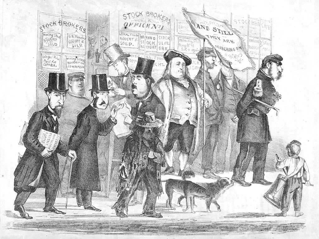 "Stock Brokers: And Still They Are Marching On" (c. 1861-63), by Edward Jump (1832-1883). Collection of the Bancroft Library at UC Bekeley. Source: Calisphere .