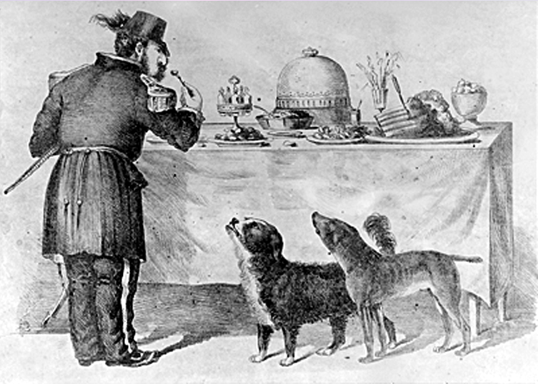   Free-lunch scene featuring Emperor Norton with the dogs Bummer and Lazarus, February 1863, by Edward Jump (1832–1883).  Collection of the Bancroft Library at UC Berkeley. Source:  Berkeley Library Digital Collections  [Added 6.25.2016] 