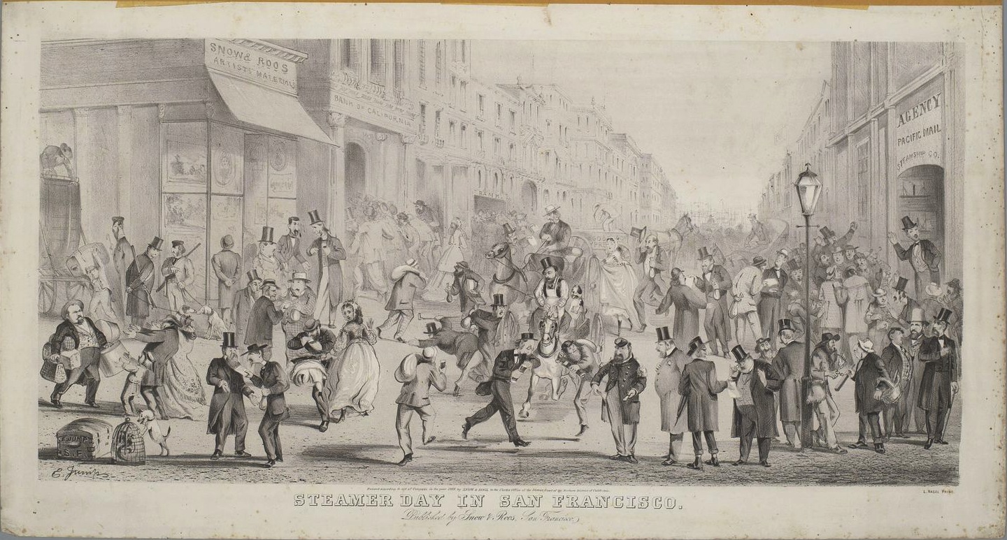  "Steamer Day in San Francisco," April 1866, by Edward Jump (1832–1883).  Steamer Day — which occurred twice a month, once toward the middle of the month and once toward the end — was the day when bills were to be paid. Hence, the humor that Jump fo