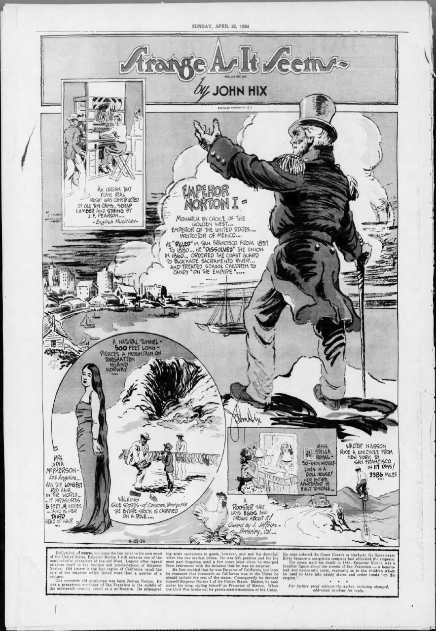   Illustration, 1934, by John Hix (1907–1944).  Part of a  Strange As It Seems  comic published on 22 April 1934 — shown here as it appeared on that date in the  Brooklyn Daily Eagle . Comic created and drawn by John Hix. This image © 2016 Newspapers