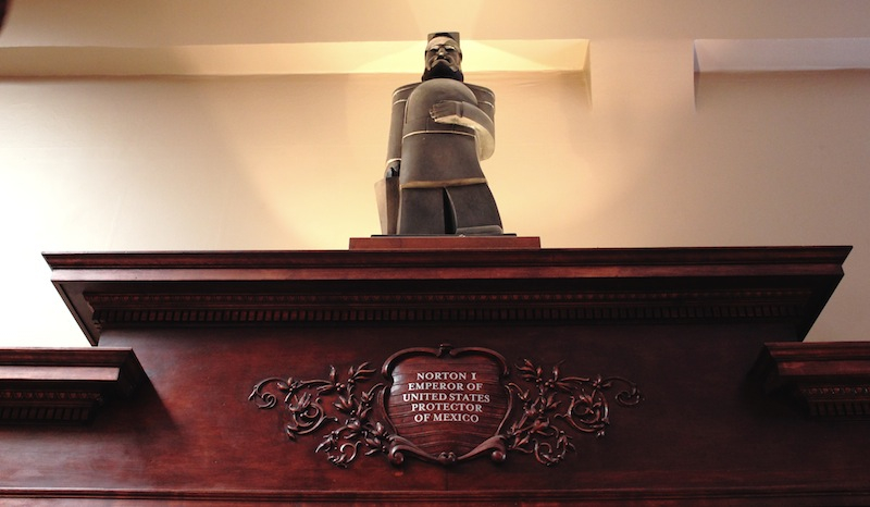Sculpture of Emperor Norton, 2010, by Daniel Macchiarini (b.1953) and his daughter, Emma Macchiarini. Based on one of two 21" maquettes of Emperor Norton sculpted in 1936 by Dan’s father, Peter Macchiarini (1909-2001). This casting, by Piero Mussi at Artworks Foundry in Berkeley, Calif., presides over the main bar at Comstock Saloon, San Francisco. Source: Gianni's North Beach .
