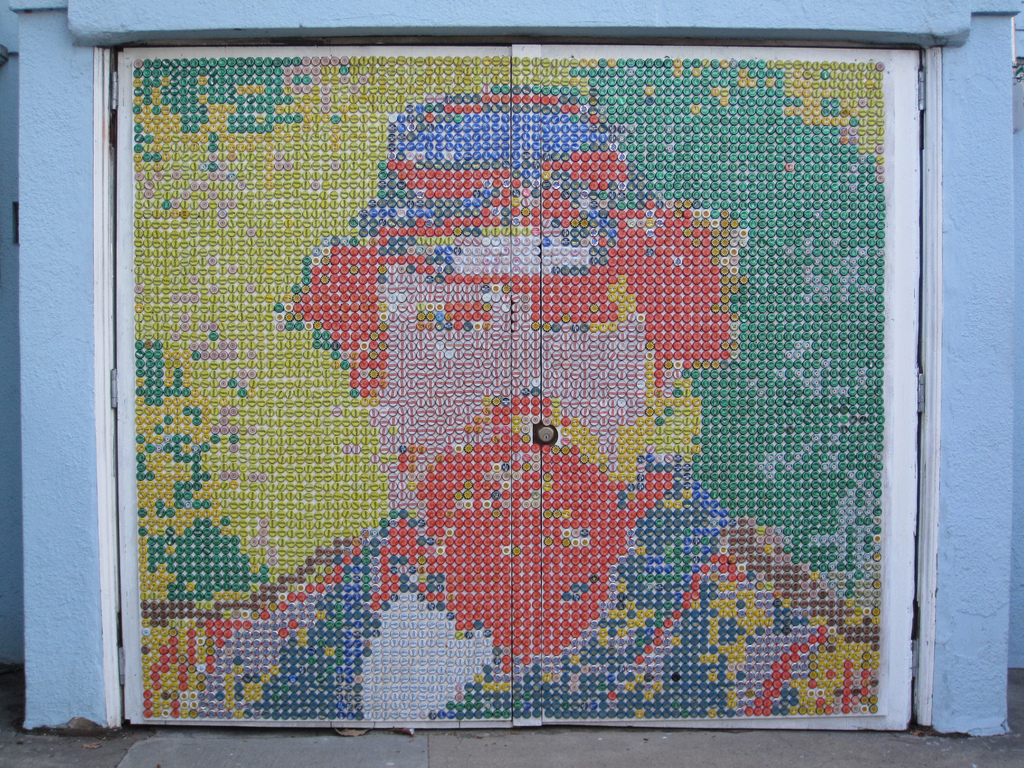   Mural in bottle caps, 2011, by Scott Bowers.   Lost, 2020.  Previously located at 2785 Bryant Street, San Francisco. Photograph © 2011 Dave Schweisguth. [Added 6.28.2016] 