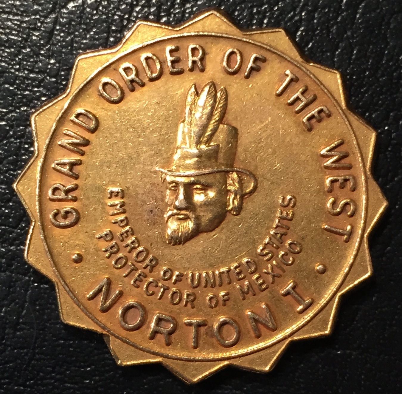   Grand Order of the West medallion, 14K gold, 1953.  Gifted by the  San Francisco Chronicle  to the winner of the  Chronicle’s  Emperor Norton Treasure Hunt that year (possibly to the winner’s spouse). Front view. Struck by Shreve and Co. jewelers. 