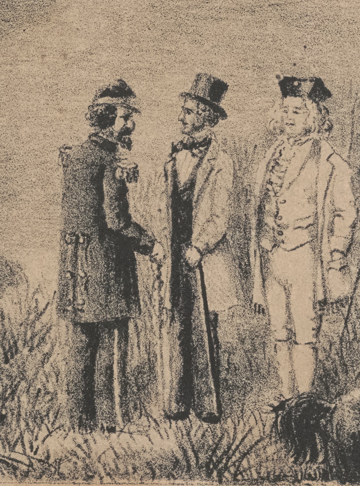   Detail from lithograph of  First Annual Encampment of the Second Bridge C.M.; Brigadier General Ellis, Commanding; Reviewed by His Excellency Gov. Stanford; Brigade Drill and Shamfight Oct. 14th 1863  (1863), by T. Grob.&nbsp; Stanford University A