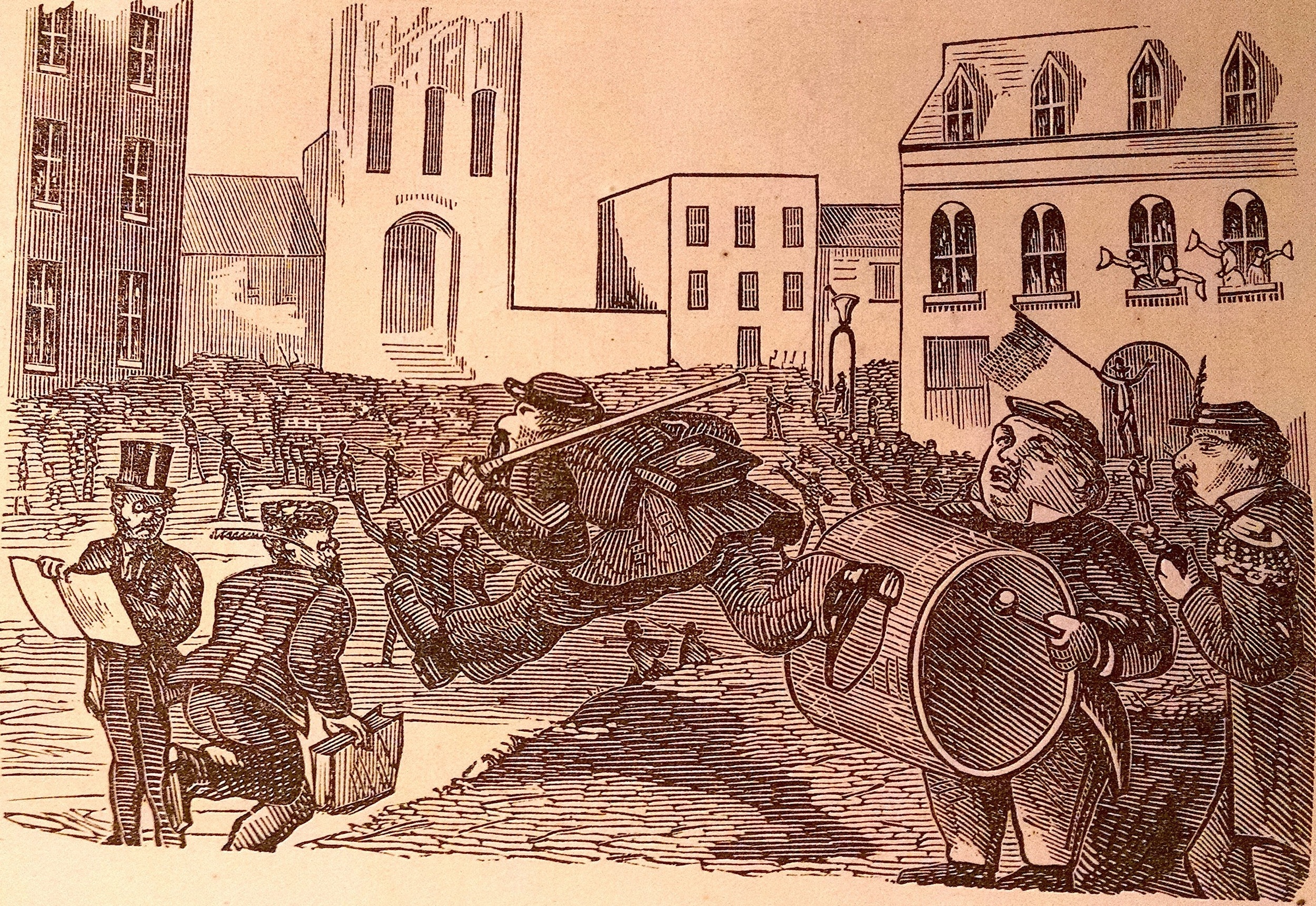 Comic, 1871, by John Steinberg. The comic appeared in a late 1871 issue of Frederick Marriott's California Mail Bag magazine, as part of a group of Steinberg's "Humorous Sketches of the War in Amador." Source: Internet Archive .