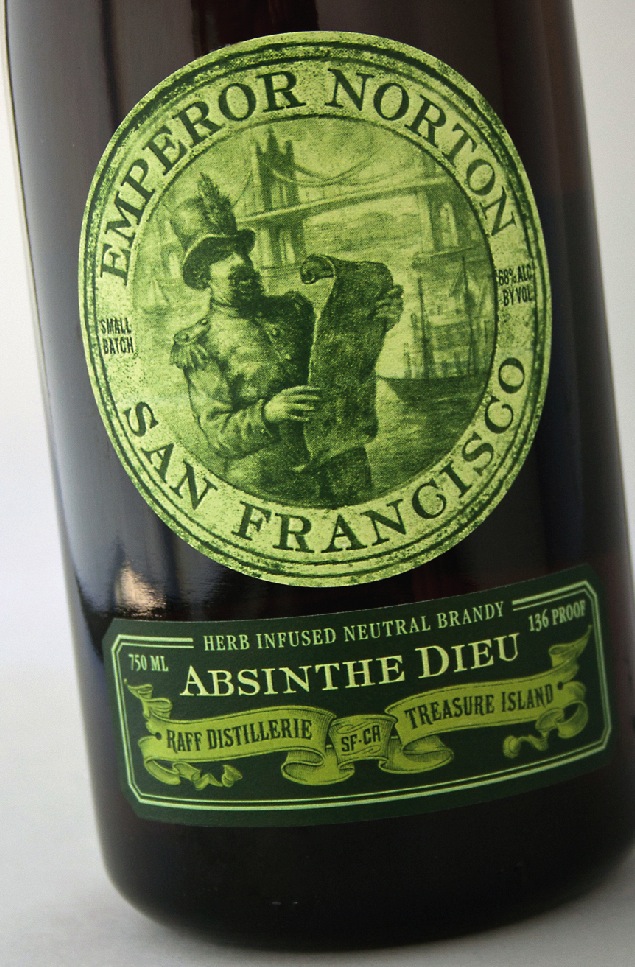 Label design, 2012, for Raff Distillerie's Emperor Norton Absinthe Dieu, by Austin Design Group. © 2012 Austin Design Group. Source: Austin Design Group .