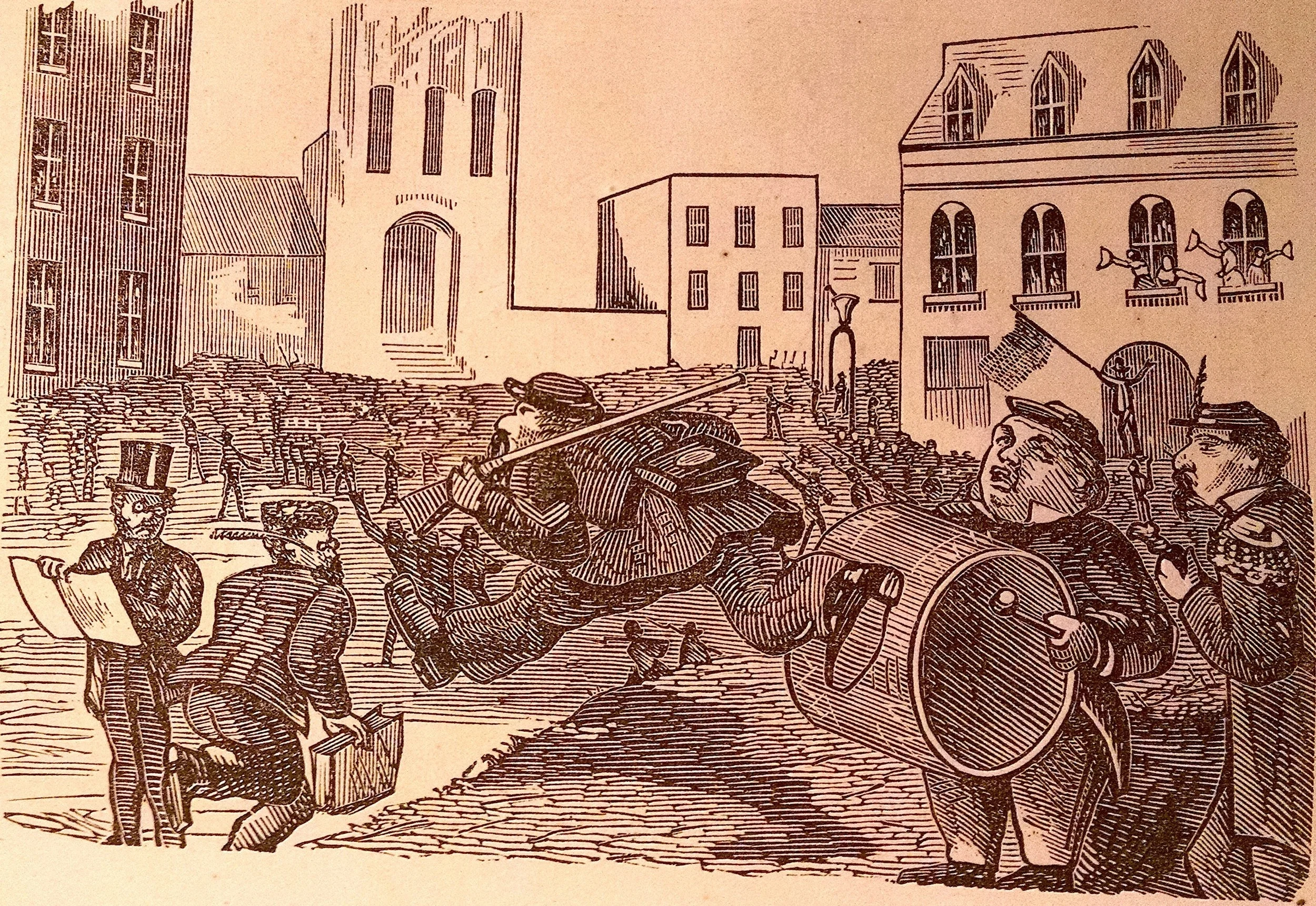 Comic, 1871, by John Steinberg. The comic appeared in a late 1871 issue of Frederick Marriott's California Mail Bag magazine, as part of a group of Steinberg's "Humorous Sketches of the War in Amador." Click image for the illustration with original captions. Photo: Taryn Edwards (from original document in the California State Library). Digital source: Internet Archive . 
