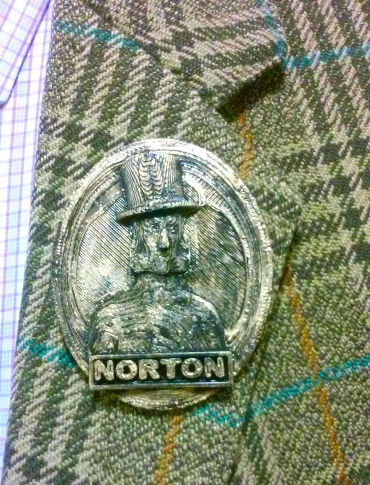 Suiting up. Campaign president John Lumea was joined at the San Francisco History Association Dinner by Campaign board members Joseph Amster and Kristian Akseth. Board member Aaron Almanza was present in the form of this Emperor Norton pin that he made recently. The pin was on Lumea's lapel throughout the evening. (Almanza's Nortoning miniature is featured in the Sculptures & Fabrications gallery of the Campaign's ARENA: Archive of Emperor Norton in Art, Music & Film.)