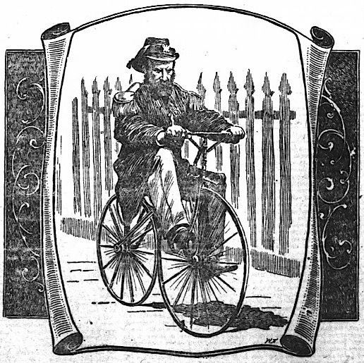   Drawing of    1869 photograph    by Eadweard Muybridge (1830–1904) in  San Francisco Chronicle , 9 July 1899.  The drawing was an illustration for a feature "A Relic of the Later Sixties: The Later Emperor Norton on an Old-Time Velocipede." Click o