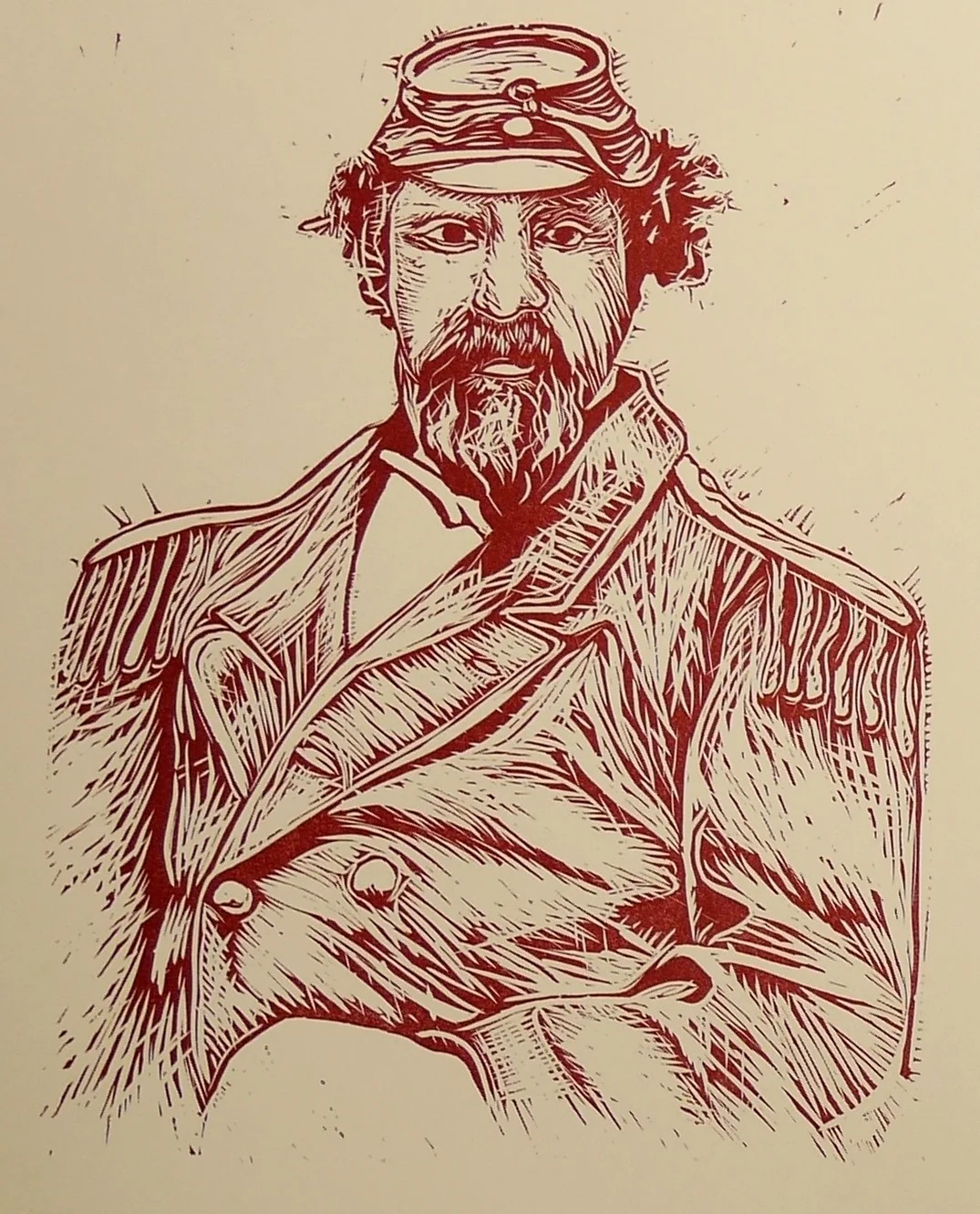 Letterpress print of linoleum carving, 2011, by Christine Dryer Sarigianis (b. 1984). Illustration for "The Proclamations of Emperor Norton," a letterpress sheet printed in an edition of 25 by the Sharp Teeth Press (now known as The Prototype Press) in Oakland, California. (Click on image to see the full sheet.) © 2011 Sharp Teeth Press.