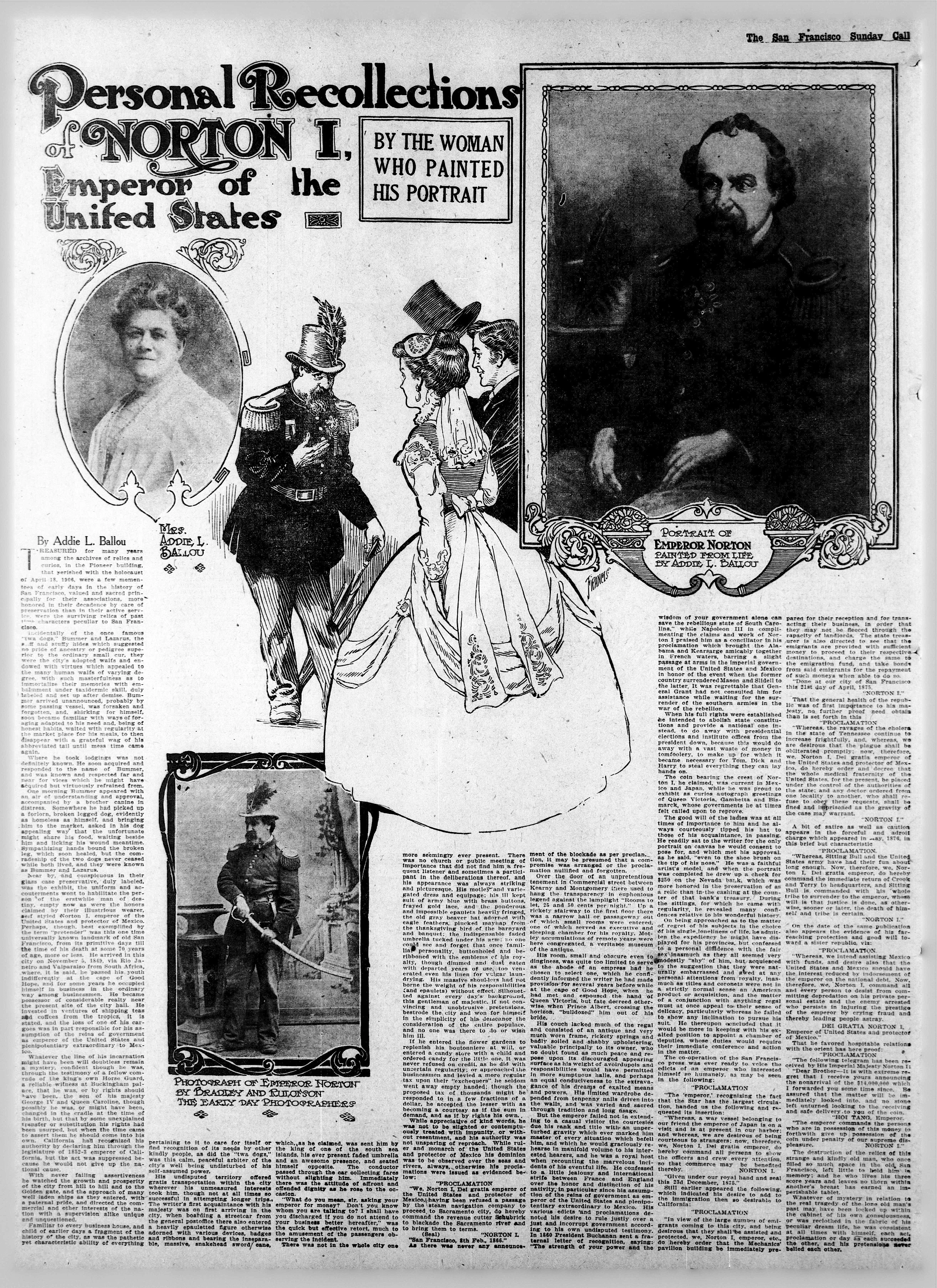Illustration in the San Francisco Call newspaper of Sunday 27 September 1908. Artwork for article, "Personal Recollections of Norton I, Emperor of the United States," by Addie L. Ballou. Source: California Digital Newspaper Archive .