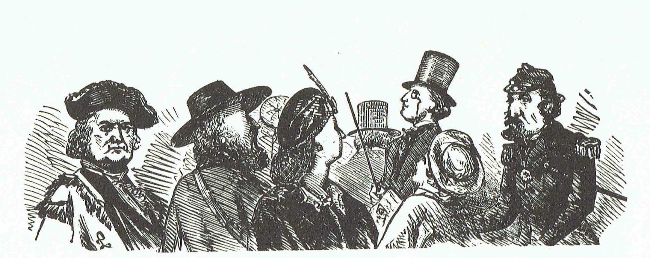    The Promenade  (1860s), artist unknown.  This group illustration shows Emperor Norton on the right. The appearance of Frederick Coombs, the self-styled George Washington II, on the left points to an 1860s date for the work, as Coombs was active in