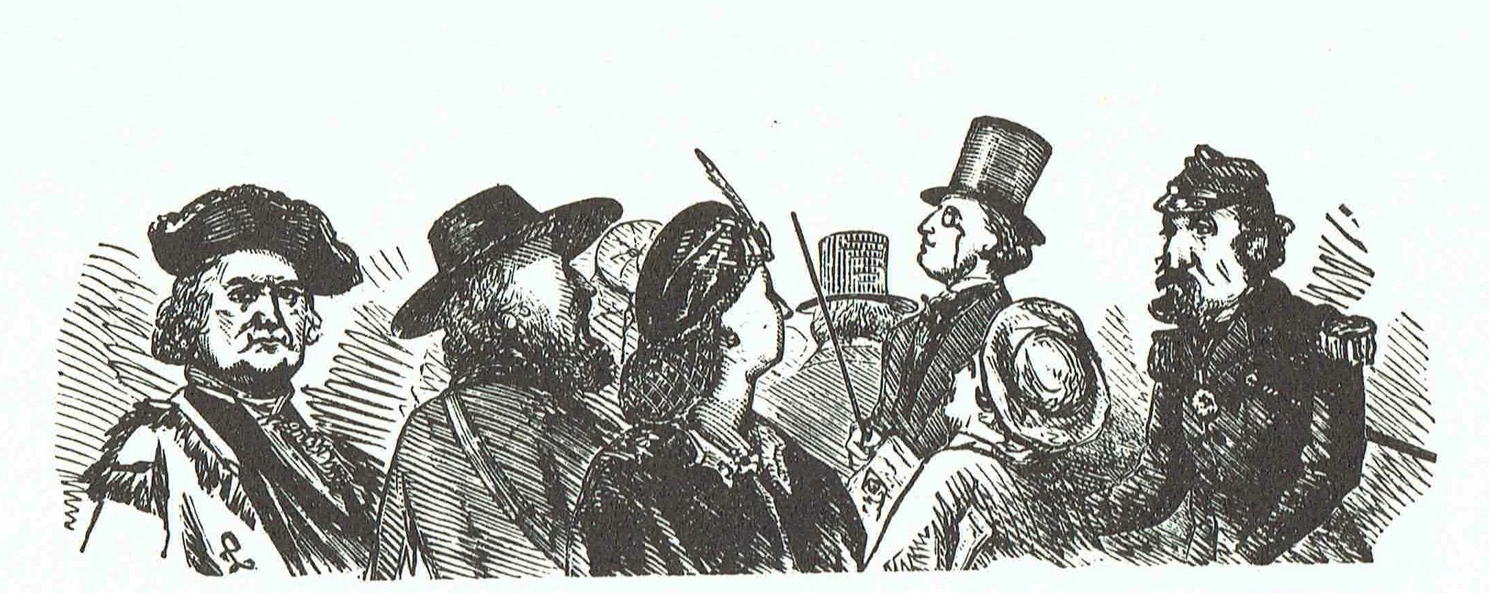 The Promenade (1860s), artist unknown. This group illustration shows Emperor Norton on the right. The appearance of Frederick Coombs, the self-styled George Washington II, on the left points to an 1860s date for the work, as Coombs was active in San Francisco for much of that decade but had left and was in New York City by 1868. Source: The Forgotten Characters of Old San Francisco (The Ward Richie Press, 1964); credited there as being from the collection of Robert G. Cowan (1895-1993). 