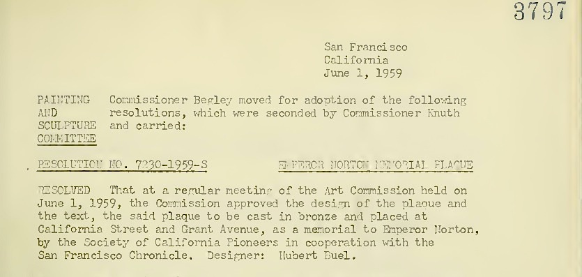 Detail from official minutes of the 1 June 1959 meeting of the Art Commission of the City and County of San Francisco. Source: Internet Archive .