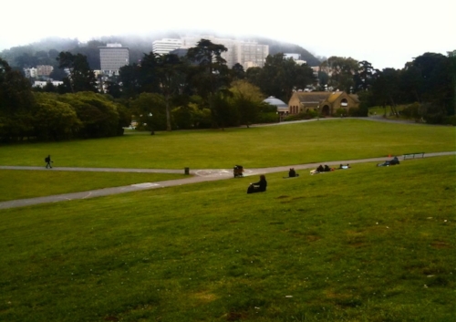 View of Sharon Meadow and the Sharon Art Studio (top center right) from Hippie Hill in Golden Gate Park, San Francisco. Photograph © 2010 J. Fred Decker .