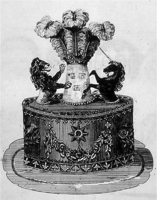 In 1817 — the year before Emperor Norton was born — Joseph Bell, a confectioner in York, England, published, in his Treatise of Confectionery , this illustration of a cake honoring the Prince of Wales. Source: Food History Jottings . 