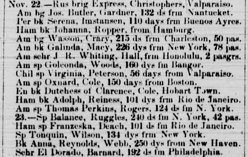 Detail of List of Vessels in the Port of San Francisco, etc. , published in the Weekly Alta California newspaper on 1 December 1849. Source: California Digital Newspaper Collection . 
