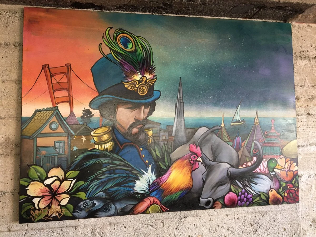 Painting, 2016, by Sam Flores (b. 1975). This piece hangs in the restaurant Cockscomb, in San Francisco, which commissioned the work. © 2016 Sam Flores. Photograph: Peter Kazanjy
