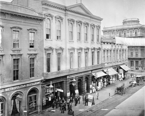 The Metropolitan Theater, at Jackson and Montgomery Streets, San Francisco, in 1865. Source: San Francisco Public Library .