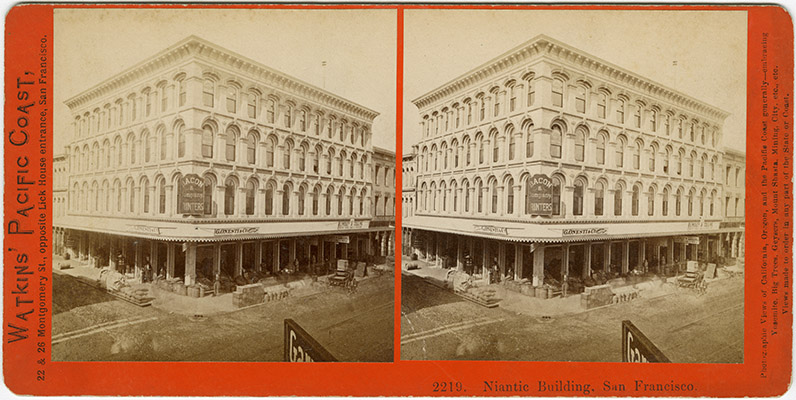 Stereograph of the Niantic Building (1872), San Francisco, by Carleton Watkins (1829–1916); possibly dated 1874. Source: San Francisco Public Library .