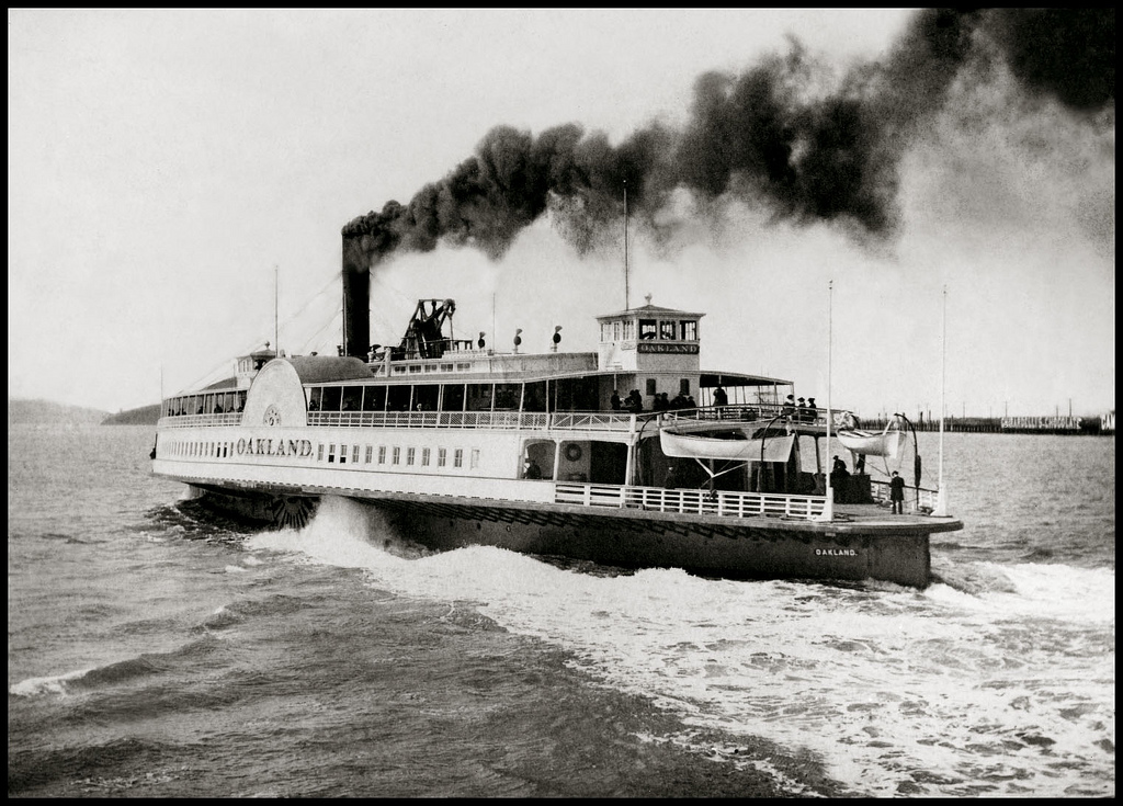 Steam ferry The Oakland, c.1875. Emperor Norton may have ridden on this ship, which operated as part of a partnership between Oakland's first — by then, past — mayor, Horace Carpentier (1824–1918), and the Central Pacific Rail Road. Collection of the Oakland History Room / Oakland Public Library. Source: Bennett Hall .