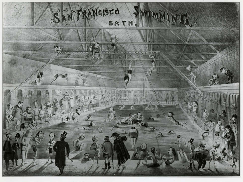   "San Francisco Swimming Bath," February 1866, by Edward Jump (1832–1883).  Emperor Norton is seen conferring with Freddie Coombs a.k.a. George Washington II at the bottom center left of the comic. Collection of the California Historical Society. So